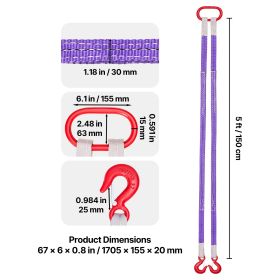 Lifting Sling Straps, 2Pcs Two-Leg Polyester Bridle Sling with Hooks, 4400LB Capacity, 5Ft Heavy Duty Rigging Strap, Thickened & Wear-Resistant Webbi